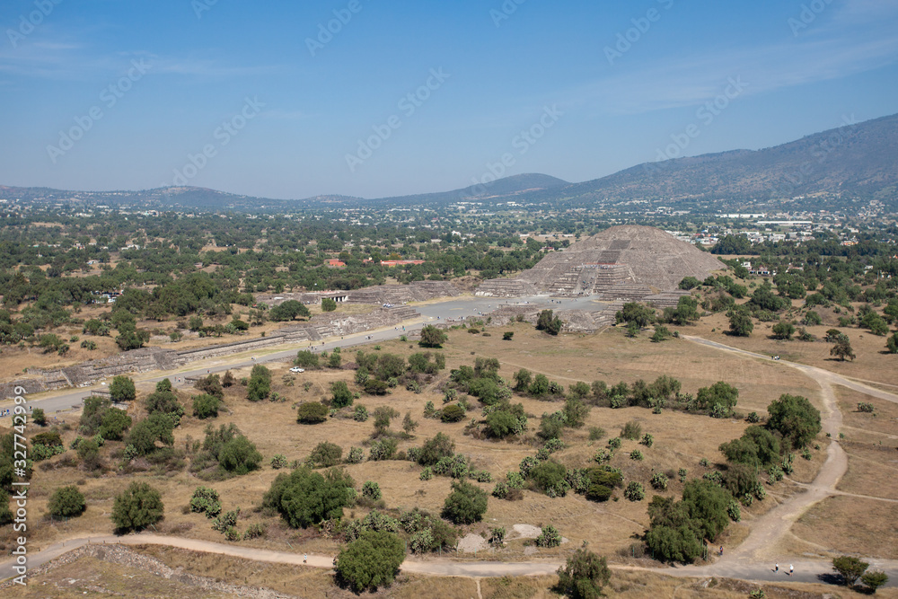View of the pyramid of the moon, full size. Teotihuacan, Mexico. Direct road to the pyramid.