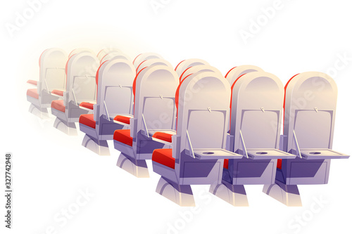Airplane seats rear view isolated. Economy class plane empty chairs and folding tables row, aircraft salon places. Comfortable armchairs for journey, jet trip. Cartoon vector illustration, clip art