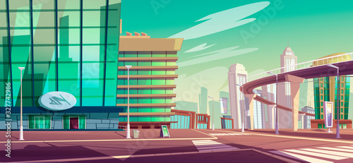 Cityscape with crossroad, overpass highway or subway and skyscrapers. Vector cartoon landscape of town street with buildings, crosswalk and road on bridge