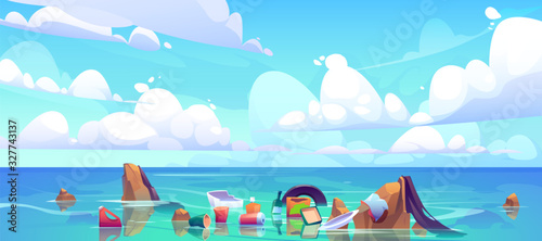 Pollution sea by plastic trash, garbage in water. Vector cartoon landscape of ocean with floating dirty waste, bottles, bags, rubbish. Ecological problem of polluted environment