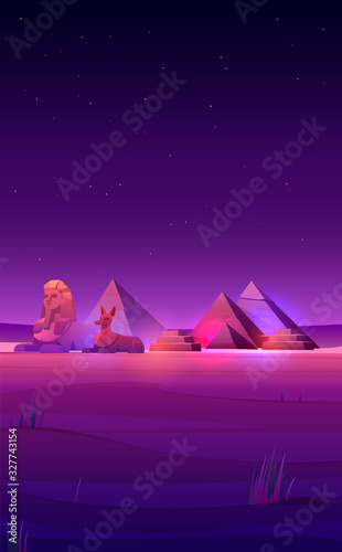 Egyptian desert with pyramids, sphinx and Anubis statue at night. Vector template for mobile phone screen saver with cartoon landscape of Egypt famous landmarks. Smartphone background theme