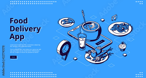 Food delivery app isometric landing page. Mobile online service for order meals, smartphone with plate on screen and gps pinpoint on application map, 3d vector illustration, line art, web banner