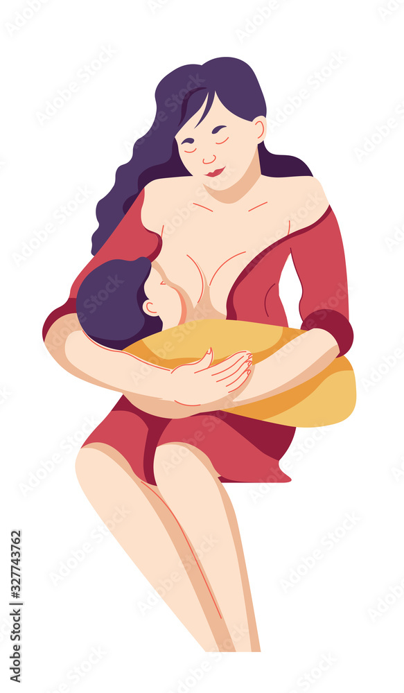 Breastfeeding, mother feeding baby with breast milk, isolated character
