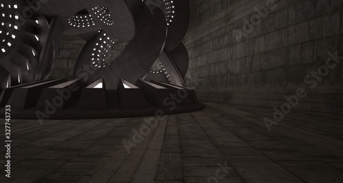 Architectural background. Abstract concrete interior with smooth discs. Neon lighting. 3D illustration and rendering.