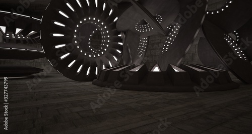 Architectural background. Abstract concrete interior with smooth discs. Neon lighting. 3D illustration and rendering.