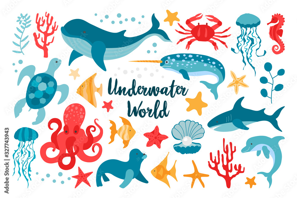 Set of sea animals in flat style hand drawn. Vector clipart for the design  of children's products. Fish, jellyfish, corals. Beautiful underwater world  in red and blue colors. Stock Vector | Adobe