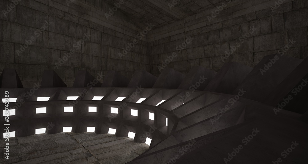 Architectural background. Abstract concrete interior with smooth discs. Neon lighting. 3D illustration and rendering. Architectural background. Abstract concrete interior with smooth discs. Neon lighting. 3D illustration and rendering.