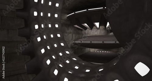 Architectural background. Abstract concrete interior with smooth discs. Neon lighting. 3D illustration and rendering.