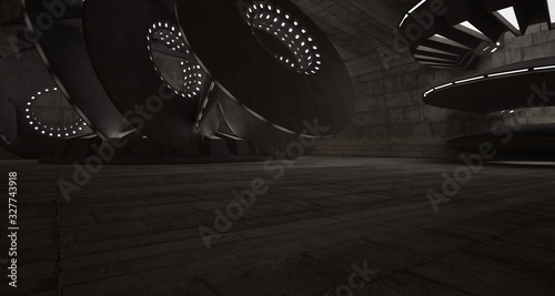 Architectural background. Abstract concrete interior with smooth discs. Neon lighting. 3D illustration and rendering.