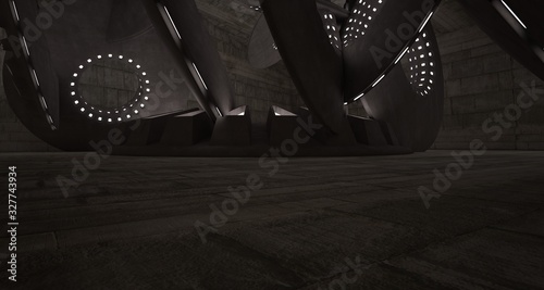 Architectural background. Abstract concrete interior with smooth discs. Neon lighting. 3D illustration and rendering.