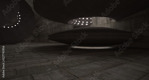 Architectural background. Abstract concrete interior with smooth discs. Neon lighting. 3D illustration and rendering.