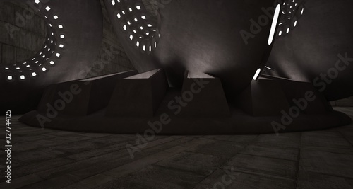 Architectural background. Abstract concrete interior with smooth discs. Neon lighting. 3D illustration and rendering.