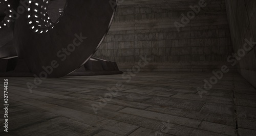 Architectural background. Abstract concrete interior with smooth discs. Neon lighting. 3D illustration and rendering.