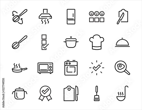  Set of cooking and kitchen icons, Vector lines, contains icons such as frying pan, frying, microwave, fork with spoon, Editable stroke, perfect 480x480 pixels, white background.