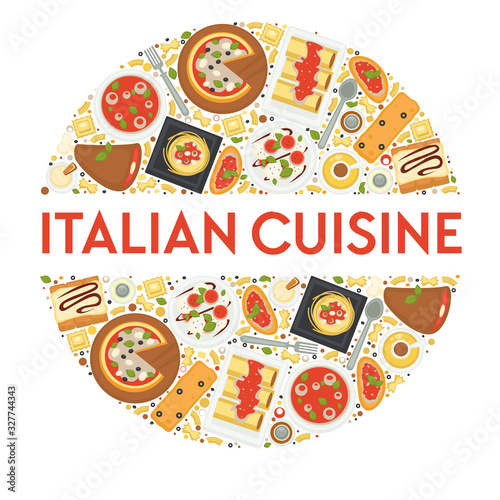 Italian cuisine menu, food of Italy, pizza and pasta