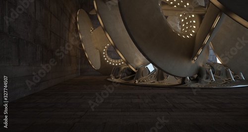 Architectural background. Abstract concrete interior with smooth chrome discs. Neon lighting. 3D illustration and rendering.