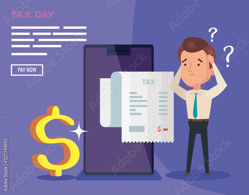 tax day poster with thinking businessman and icons vector illustration design