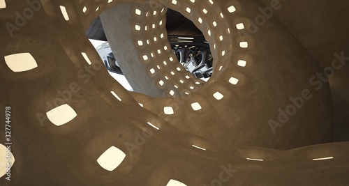 Architectural background. Abstract concrete interior with smooth chrome discs. Neon lighting. 3D illustration and rendering.
