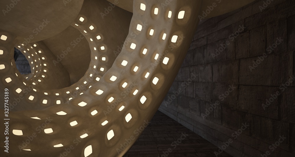 Obraz premium Architectural background. Abstract concrete interior with smooth chrome discs. Neon lighting. 3D illustration and rendering.