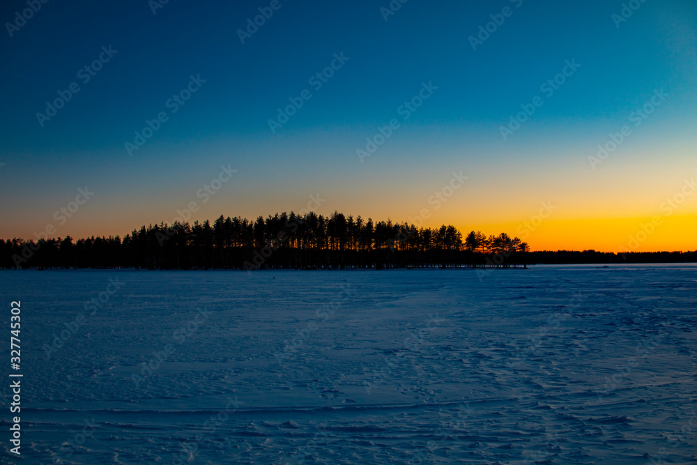 Mystical evening winter landscape. Silhouettes of trees at sunset.