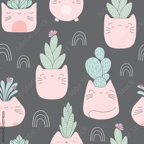 Kawaii cat plant pots with succulents pattern background. Cute vector seamless design.