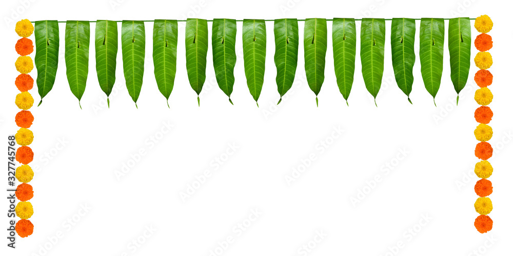 Indian flower garland of mango leaves and marigold flowers. Ugadi