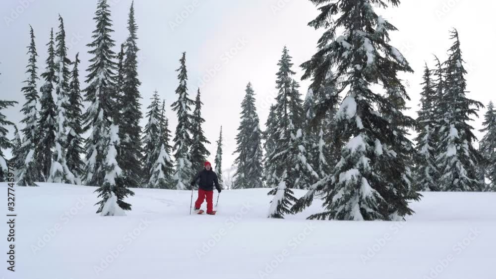 Man Hiking Deep Powder Snow on Splitboard Skis