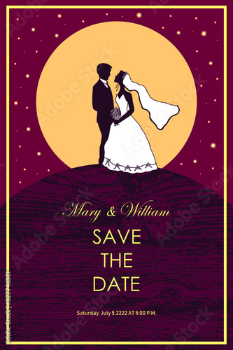 Wedding card with the bride and groom. eps10 vector stock illustration.