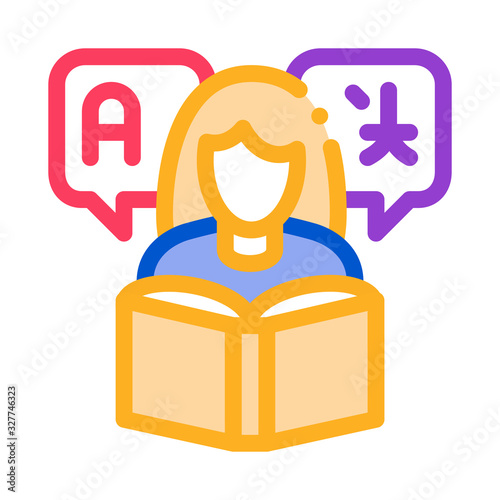 Woman Learning Language Icon Thin Line Vector. Girl With Dictionary Reading Book For Study Foreign Language Color Symbol Illustration