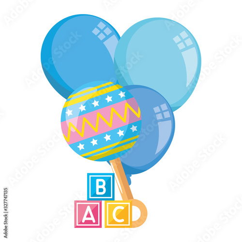rattle baby with cubes toy and balloons helium vector illustration design