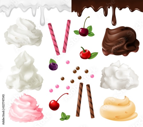Realistic cake and cream. Sweet whipped creamed or yogurt with berries and food decoration for cooking isolated vector set