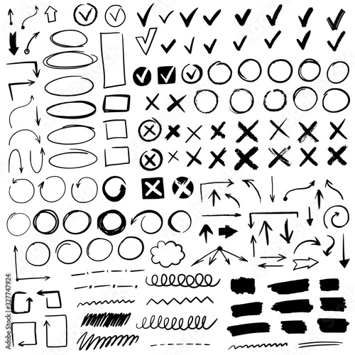 Hand drawn check signs. Doodle black check marks and underlines, cross, circles, arrow mark for list items, yes or no checklist vector icons