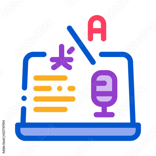 Laptop Translation Program Icon Thin Line Vector. Microphone On Laptop Display, Internet Interpreter Technology Color Symbol Illustration