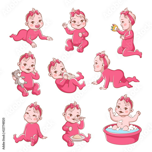 Baby girl. Cute infant with different emotions happy child, crying girls, smiling toddler sitting, playing and crawling vector characters