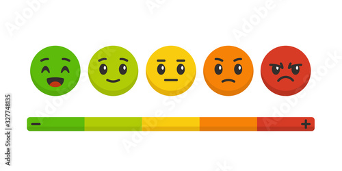 Feedback scale. Rating satisfaction, colored emotional balls set. Excellent, good and normal, bad and awful, customers survey vector concept