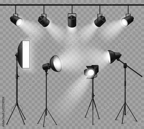 Realistic spotlight. Illuminated photo studio and stage light, floodlights and softbox set for vivid show, concert light effects. Vector set