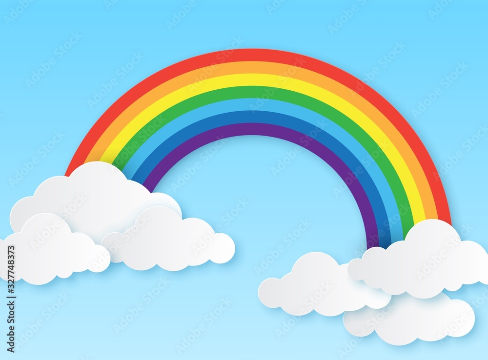 Paper rainbow. Clouds and rainbow on sky origami style, wallpaper for childrens bedroom, baby room craft design colorful vector background
