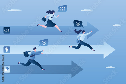 Business competition. Three business persons racing on the arrows. Winner and losers concept banner. Gender equality.