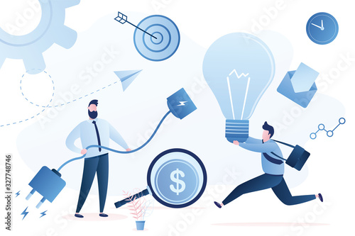 Handsome businessman running with idea bulb. Brainstorming in office. New ideas search