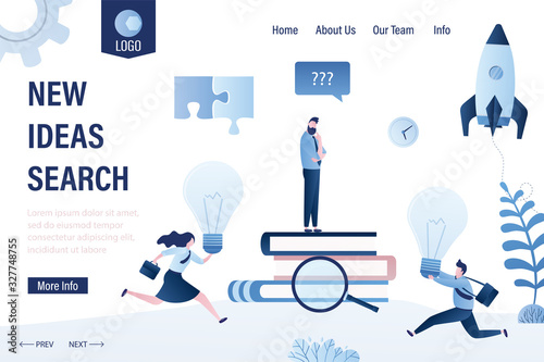 New ideas search landing page template. Businesspeople holding big idea bulb. Male boss or chief thinking.