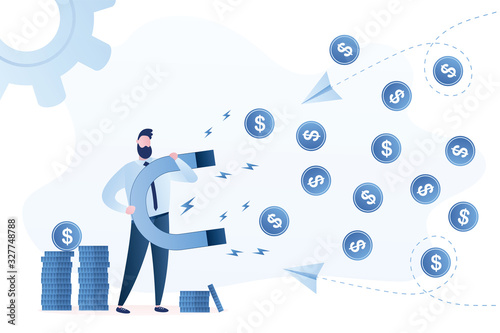 Handsome businessman with a huge magnet attracting money. Coins fly to the employee. Business success concept