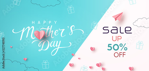 Sale vector banner with pink hearts. Special offer poster background. Vector paper love template for Mother's Day discount promotion..