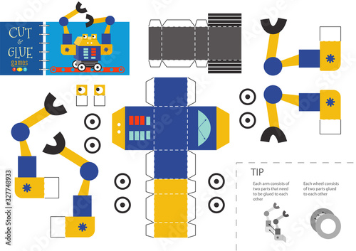Cut and glue robot toy vector illustration, worksheet.