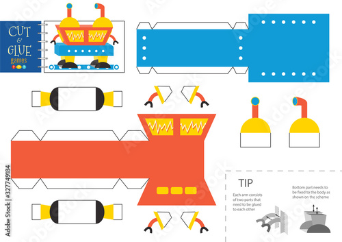 Cut and glue robot toy vector illustration, worksheet.