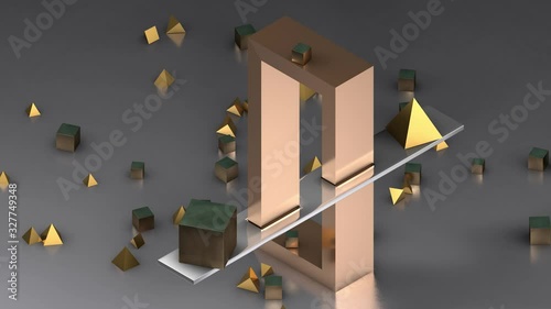 3D animation of a non-existent figure, an impossible mechanism with geometric shapes, pyramids and cubes. photo