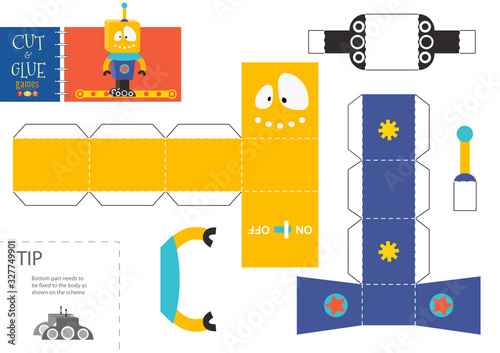 Cut and glue robot toy vector illustration, worksheet.