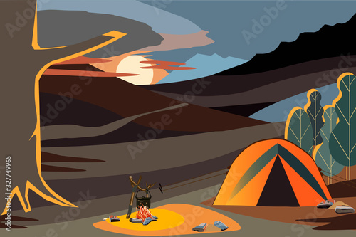 Night landscape illustration in flat style with tent, campfire, mountains, forest.