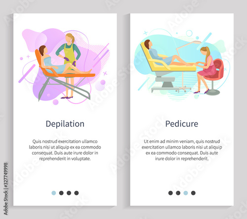 Manicure and pedicure vector, pedicurist and manicurist with clients polishing nails and making fingers and toes shine, beauty salon treatment. Website or slider app, landing page flat style
