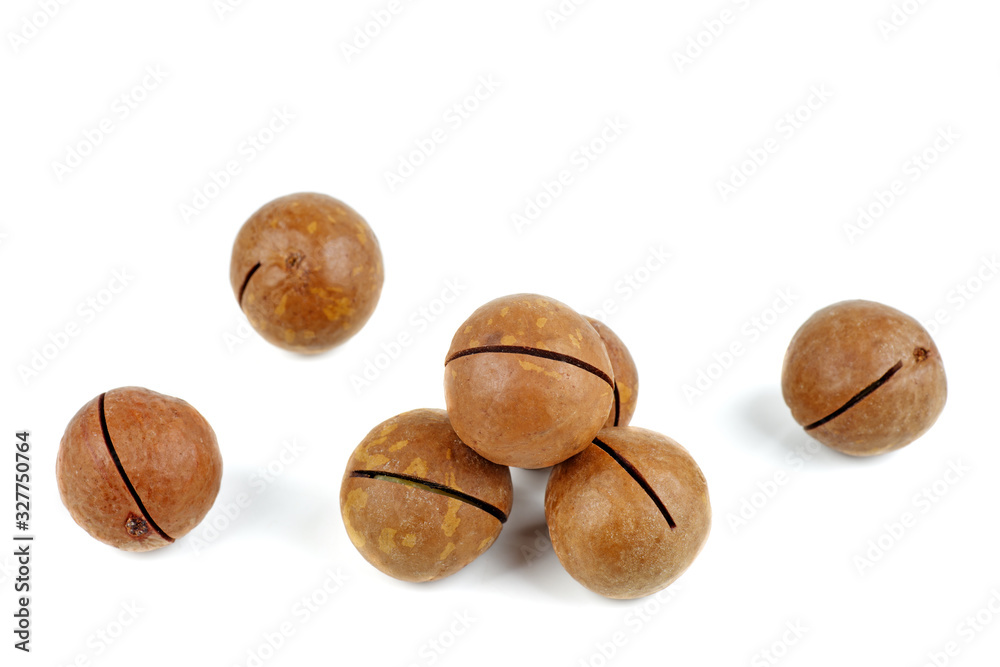 Unshelled macadamia nuts on white background Unshelled macadamia nuts on white background
