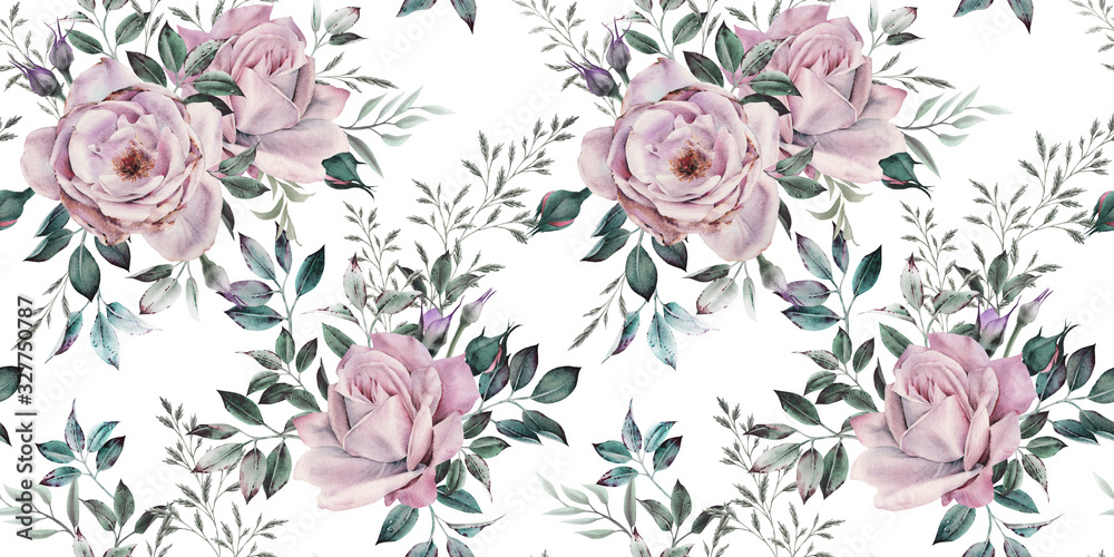 Fototapeta Seamless floral pattern with flowers on light background, watercolor. Template design for textiles, interior, clothes, wallpaper. Botanical art